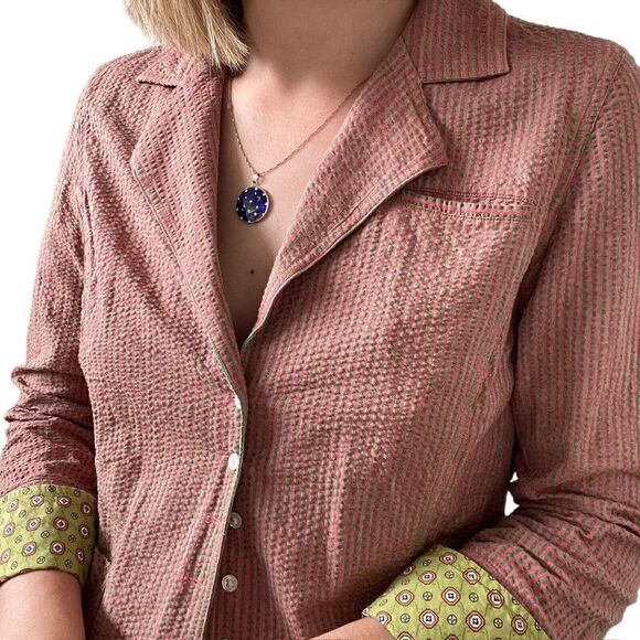 Robert Graham Womens Pink Green Seersucker Striped Collared Blouse Shirt Sz S - Picture 7 of 10